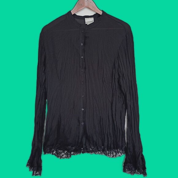 Vtg Fashion Bug Sheer Black Crinkle Button Down Blouse Lace Trim XL Goth Grunge - Picture 1 of 5